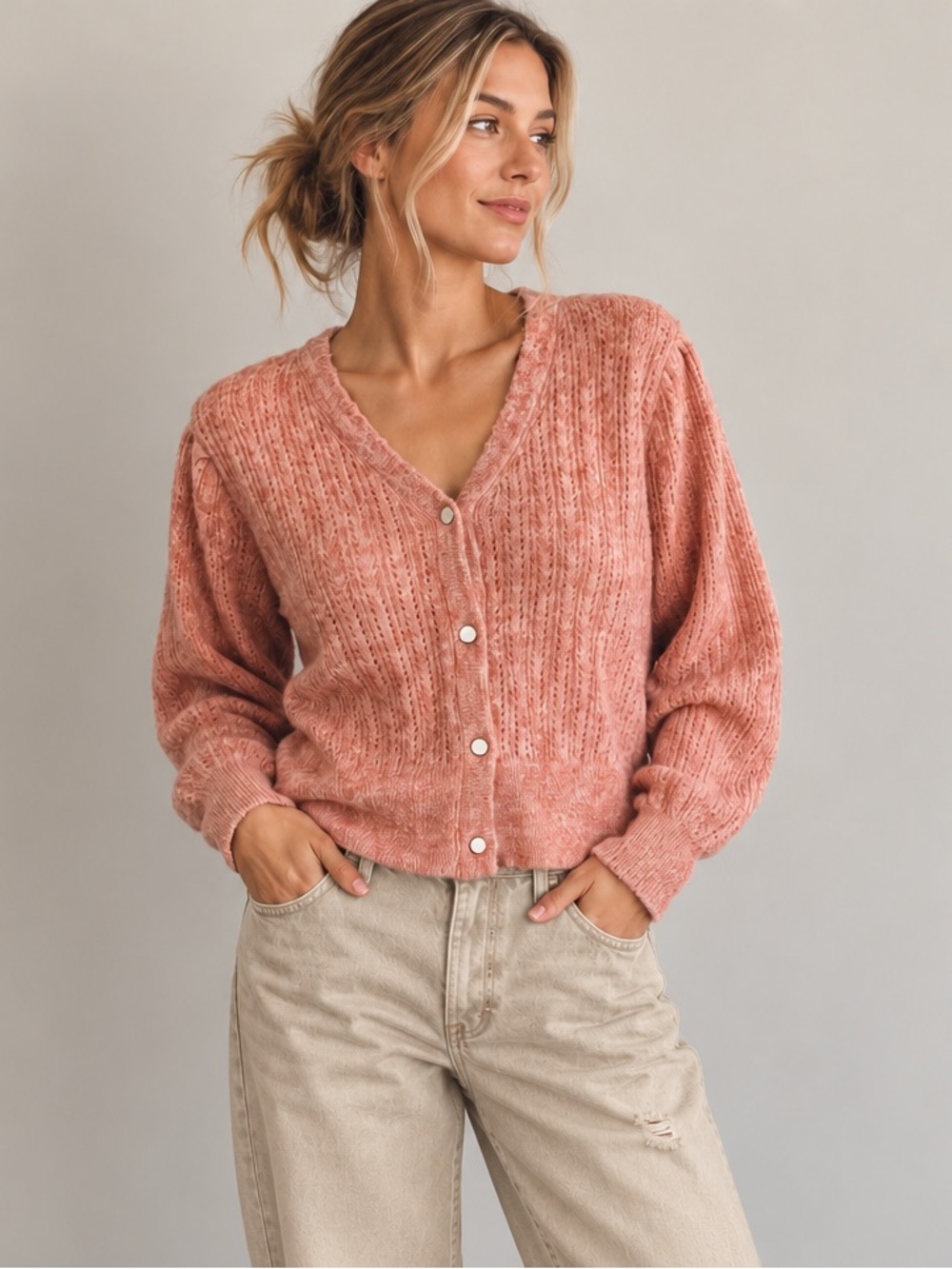 Joie Pointelle Knit Cardigan w Enameled Buttons in Coral Heather